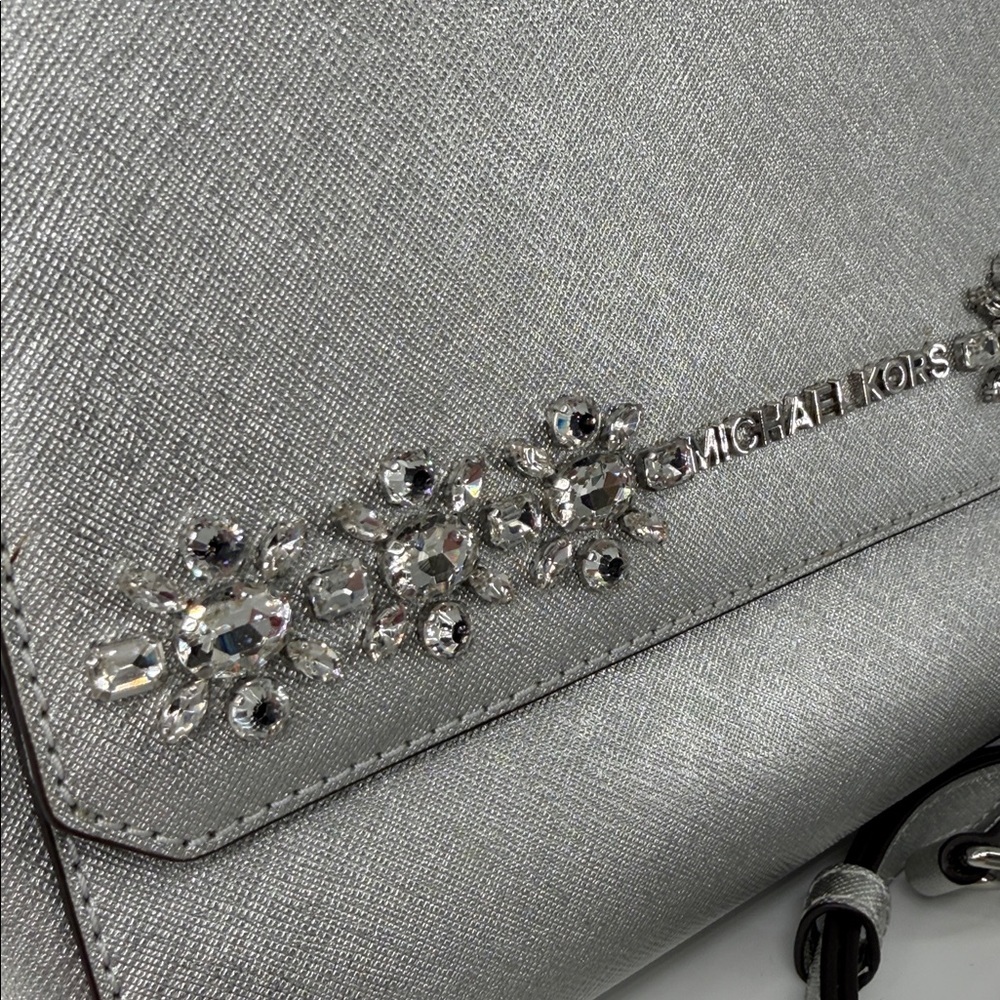 Michael Kors Silver Leather Small Ava Crystals Embellished Top Handle Bag Rare - Picture 2 of 12